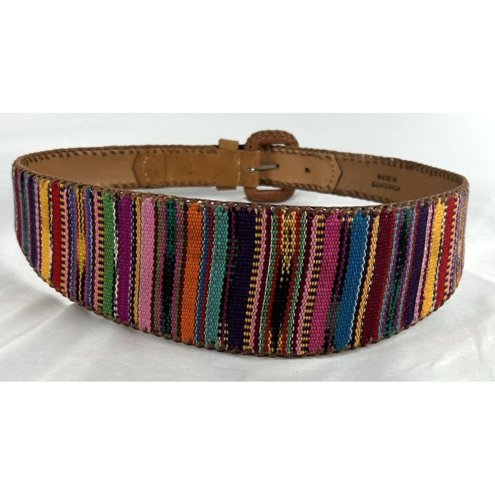 Vtg Lands End Wide Serape Woven Leather Belt Womens Sz 30 Colorful Stripe Boho